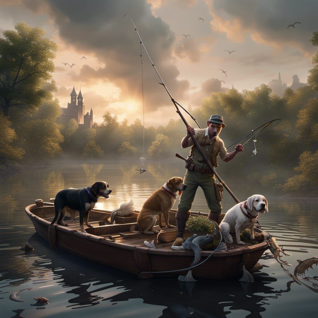 Dogs Reel in Catfish in Vibrant Fantasy Scene