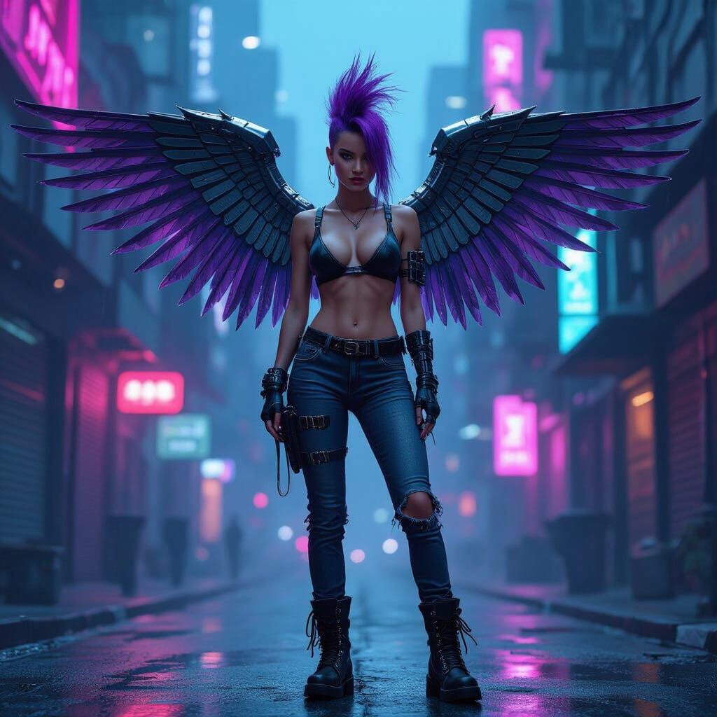 Cyberpunk Angel with Metal Wings in Neon City