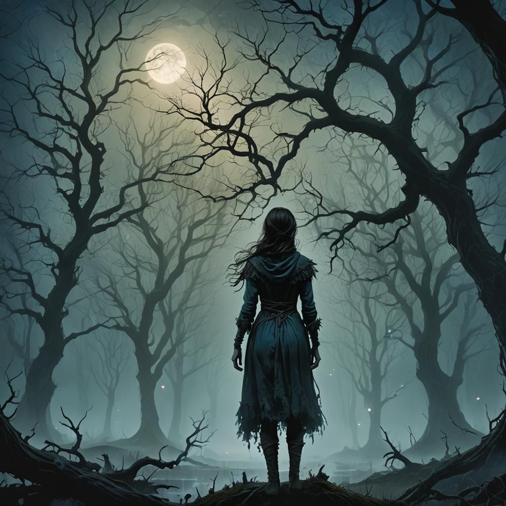 Girl Lost in a Mysterious Swampy Forest Under the Faint Moon...