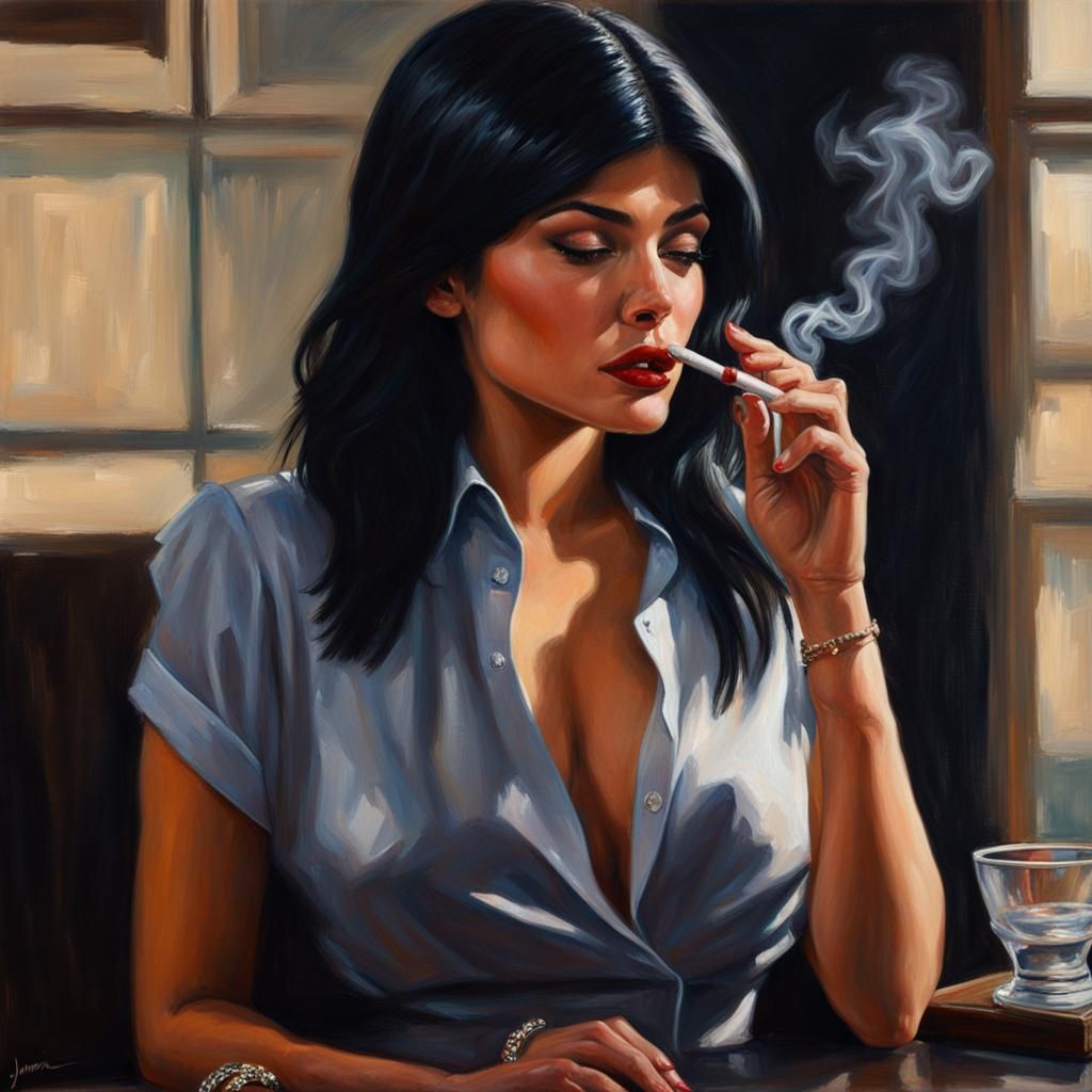 Glamorous Siren Smokes in Dark Film Noire