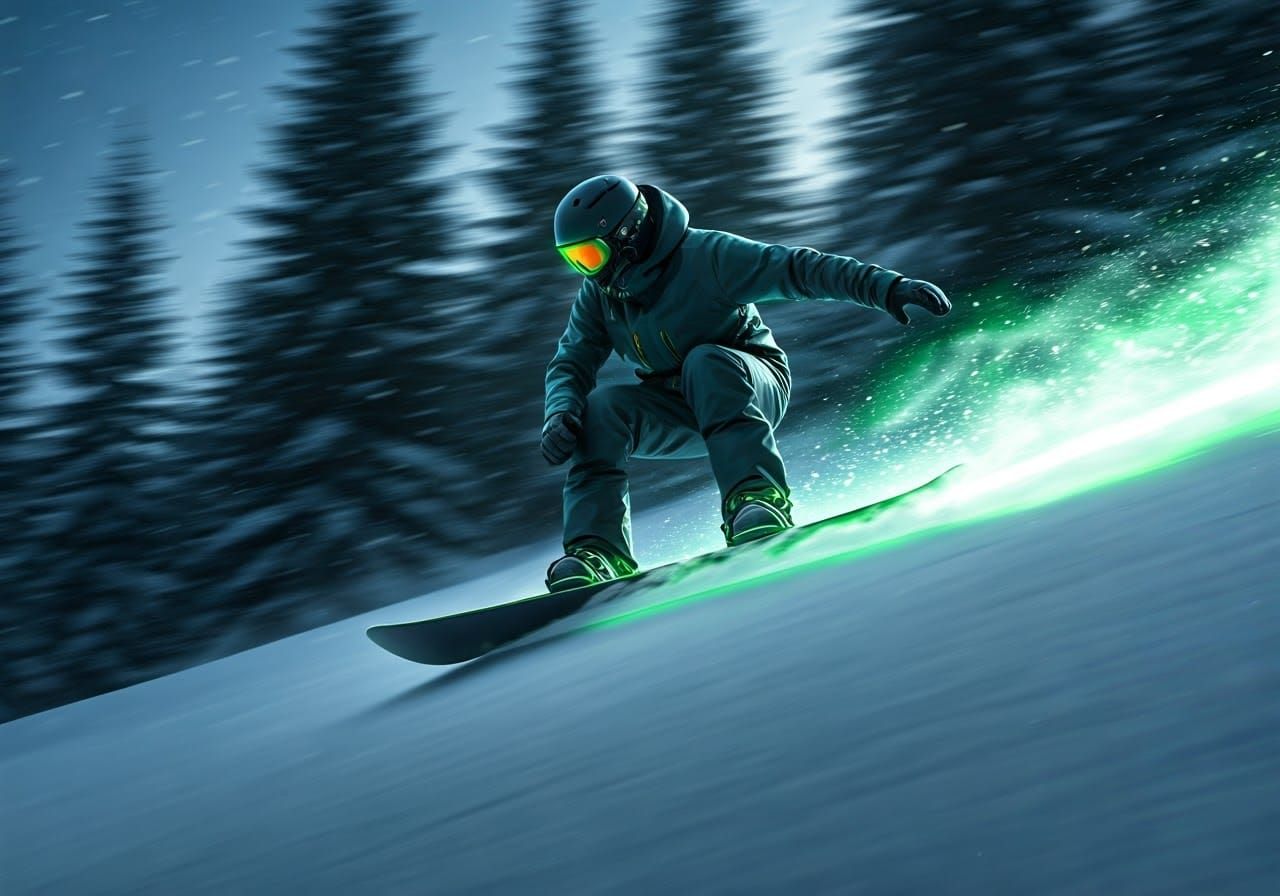 Sleek Snowboarder Surfs through Neon-Lit Snowy Mountain in a...
