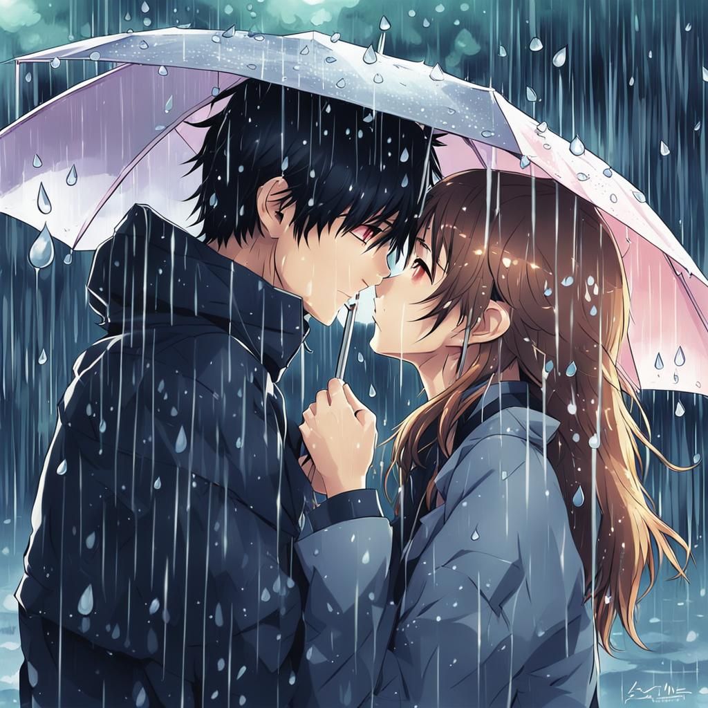 Romantic Couple Kisses Under Rainy Night Sky