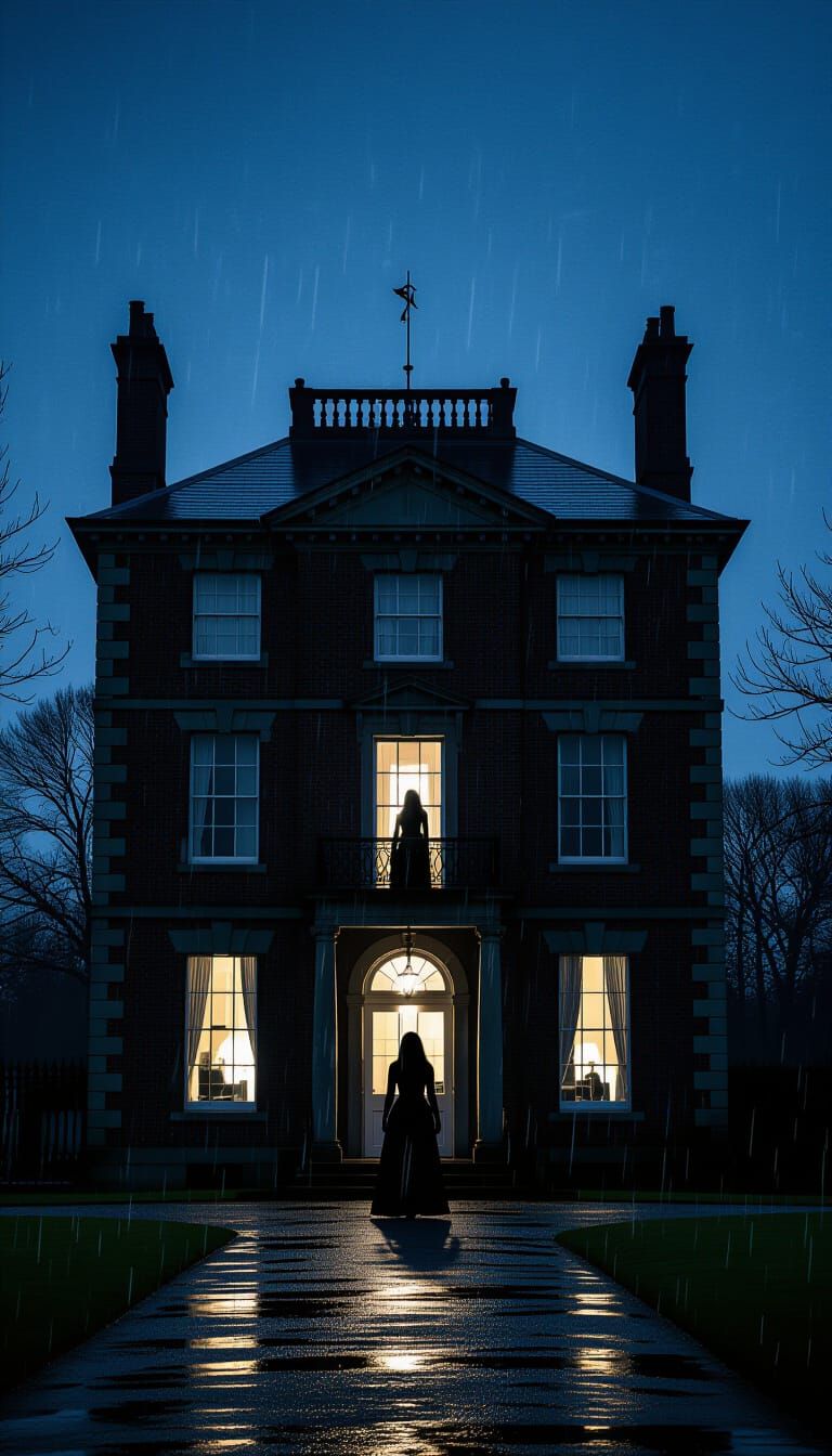 Dark English Mansion at Night in Moody Rain