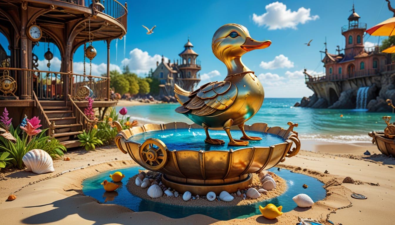 Steampunk Fountain with Gothic Fairy in Moonlight