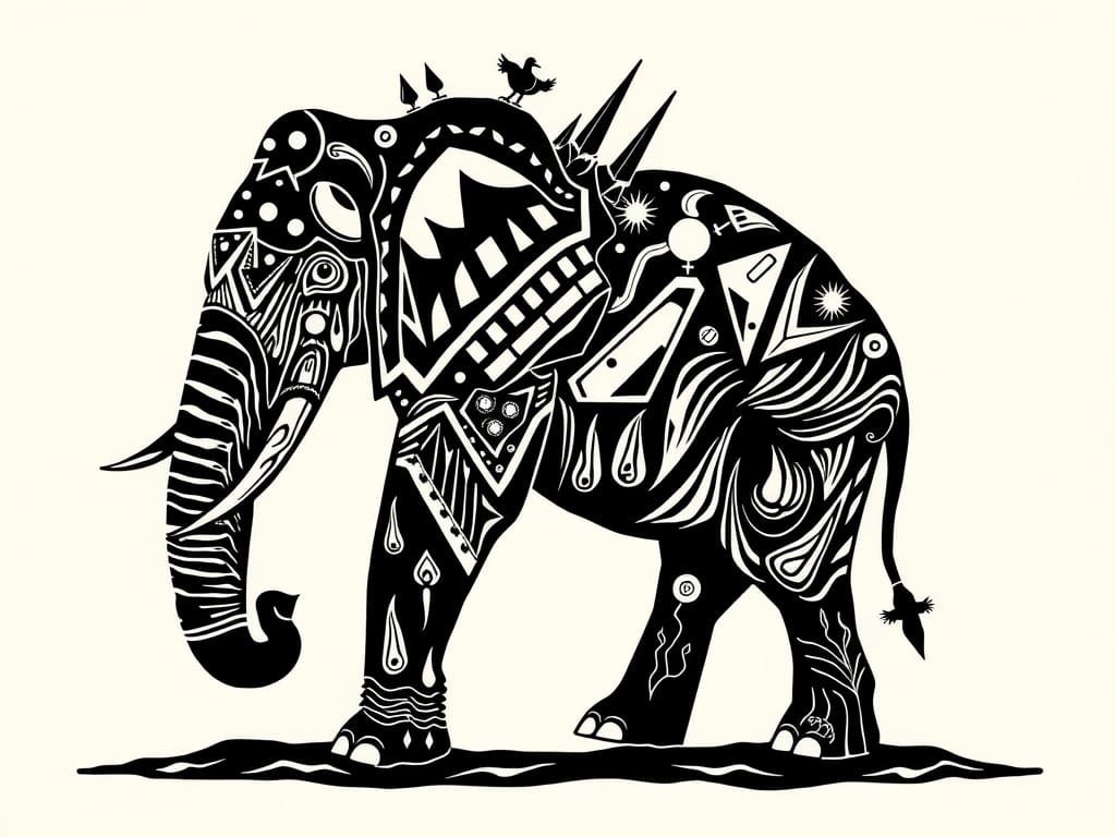Picasso-Inspired Future Elephant Silhouette Linocut Art