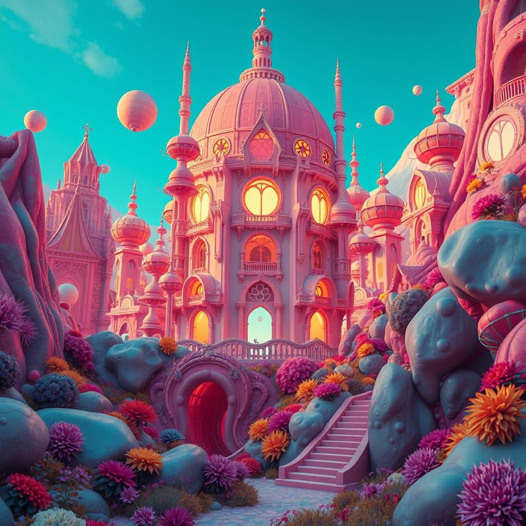 Surreal Landscape with Dreamlike Architecture