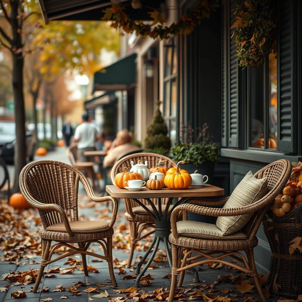 Cozy Autumn Cafe Scene with Pumpkins and Wicker Chairs