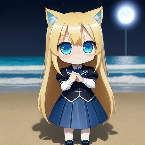 Manga-Inspired Catgirl Under Starry Beach Night