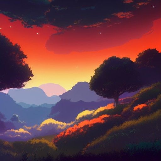 Whispers of a Midnight Feline in a Vibrant Nightsky Landscap...