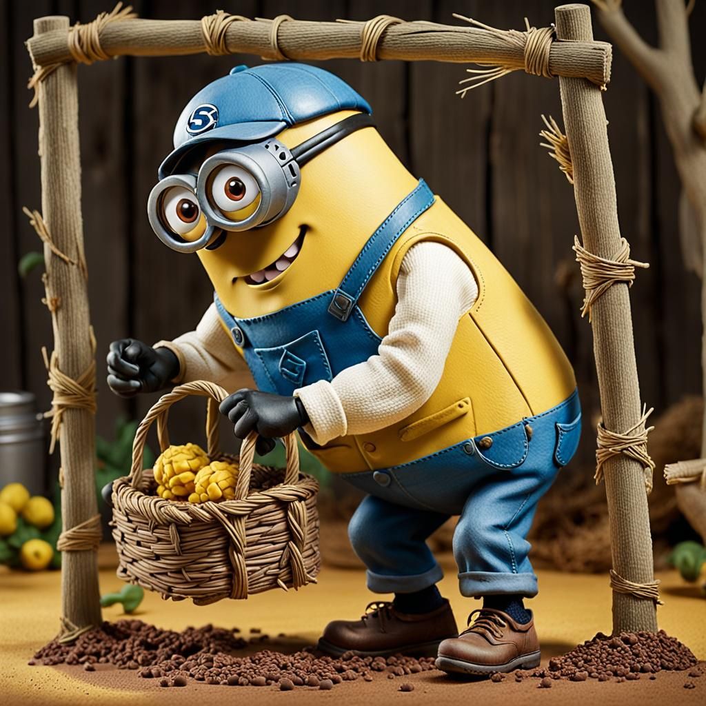 Am claymation minion transformed into a farmer figure