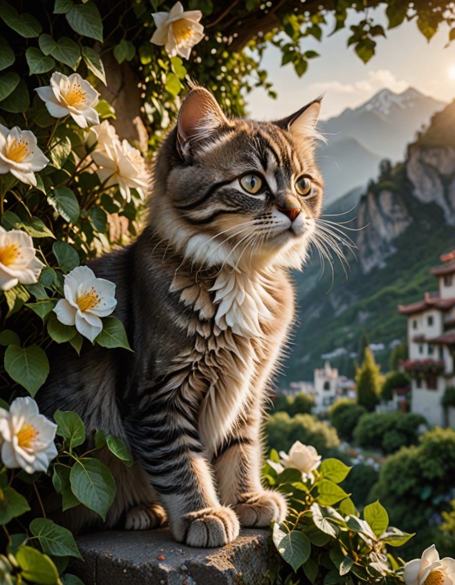 Persian Kitten Emerges Through Floral Wreath in Majestic Mou...