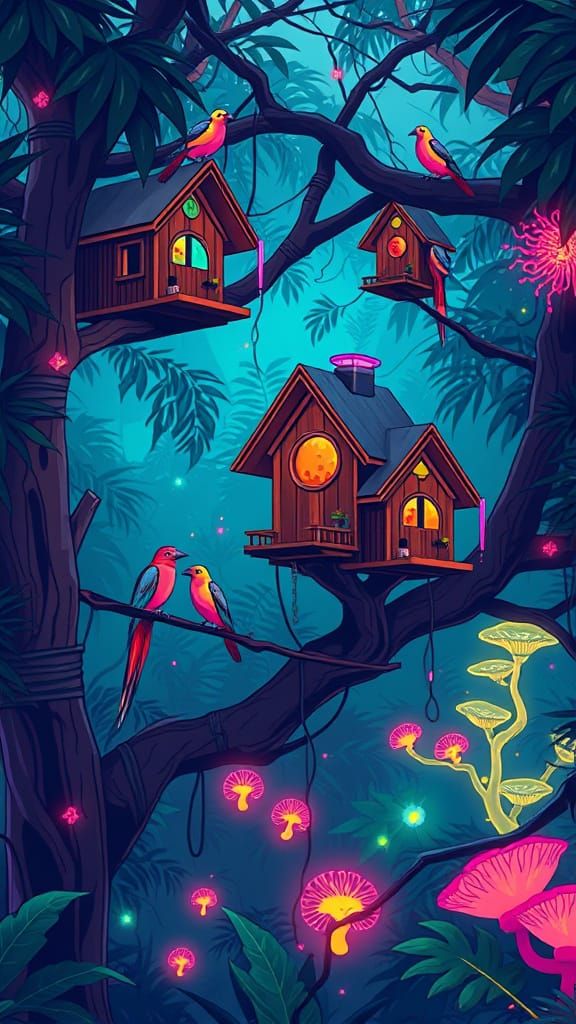 Futuristic Birdhouses in a Neon Cyberpunk Jungle