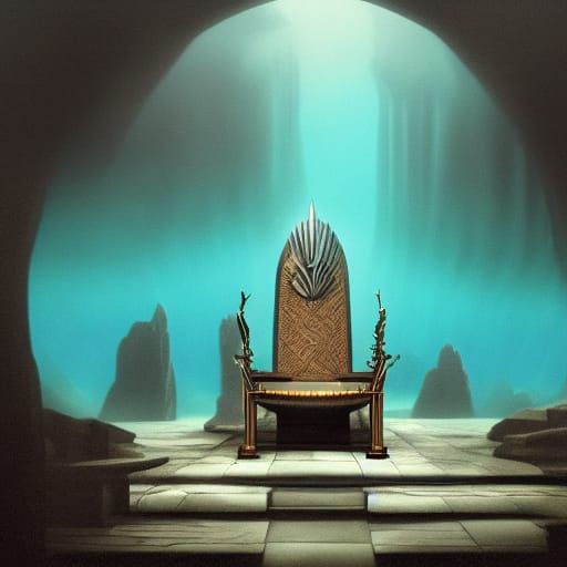 The Empty Throne of the King of Atlantis in Dark, Underwater...