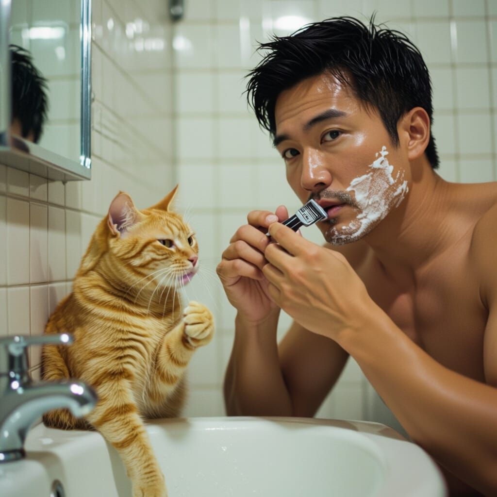 Man Shaving with Cat, Cinematic Style