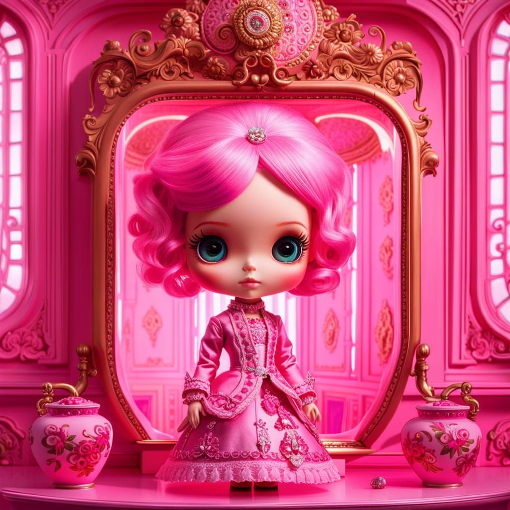 Surreal Pink Doll in an Opulent Rococo Setting