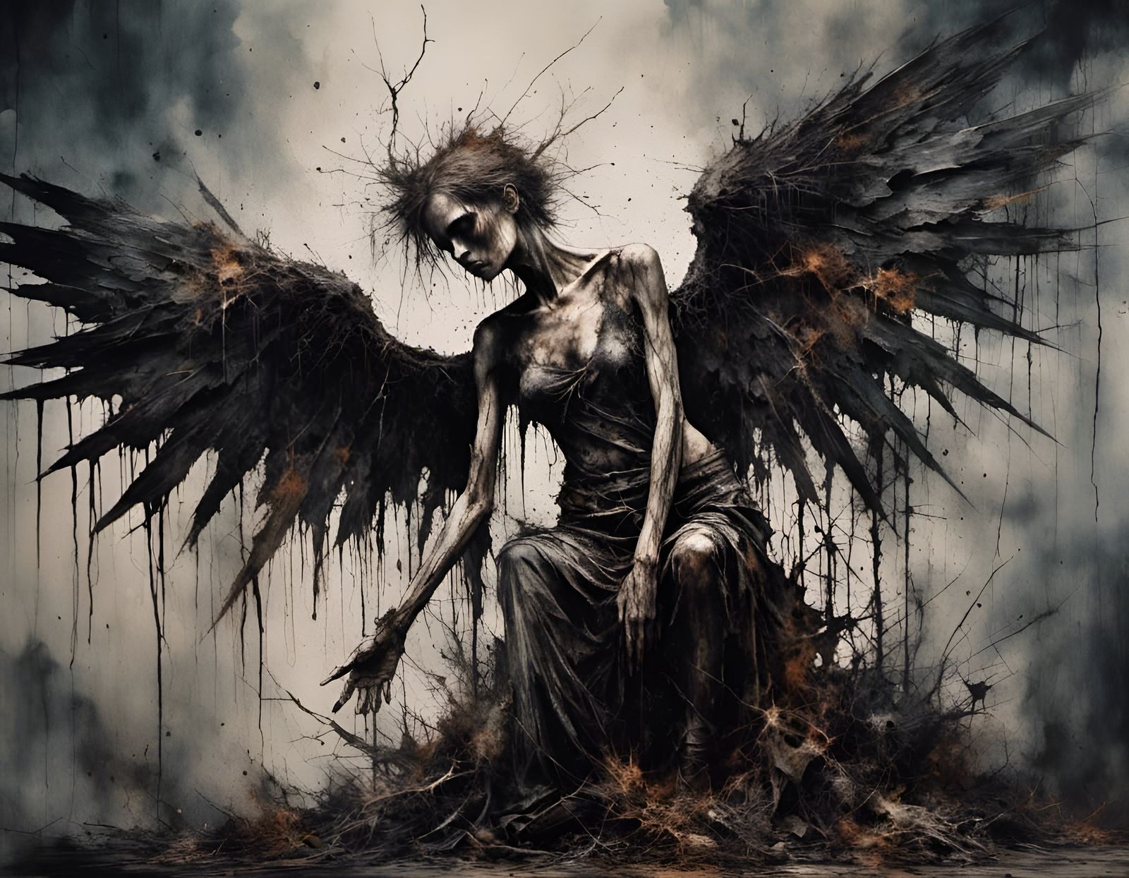 Hyperrealistic Fallen Angel in a Post-Apocalyptic Trashpunk...