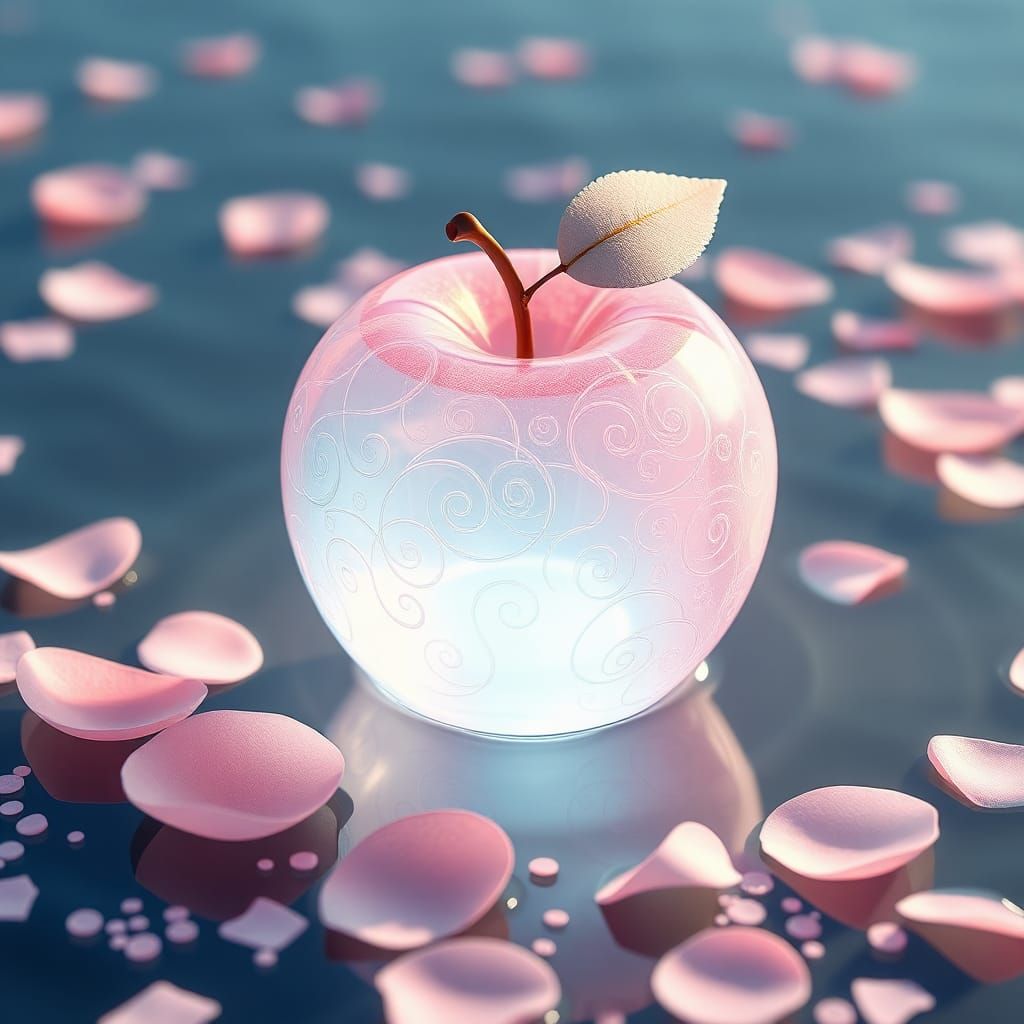 Surreal Pink Apple Blossoms in a Futuristic Water Scene