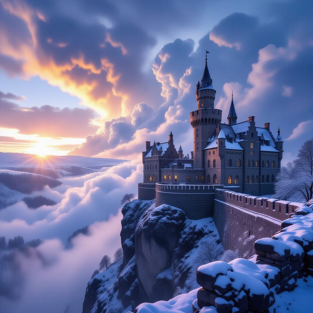 Castle on Cliff in Sunrise, Storm, and Snow