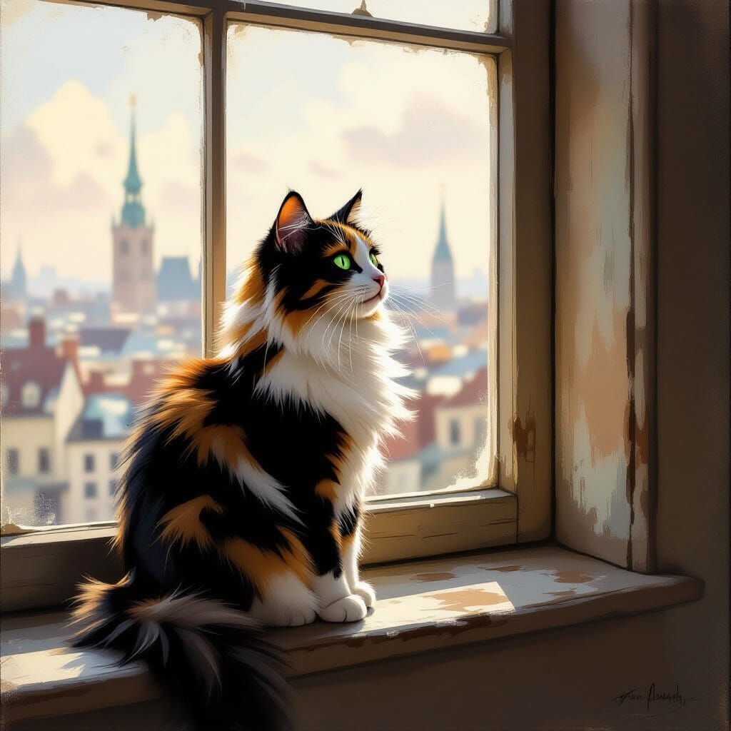 Calico Cat Gazes at Sunlit Cityscape in Painterly Style
