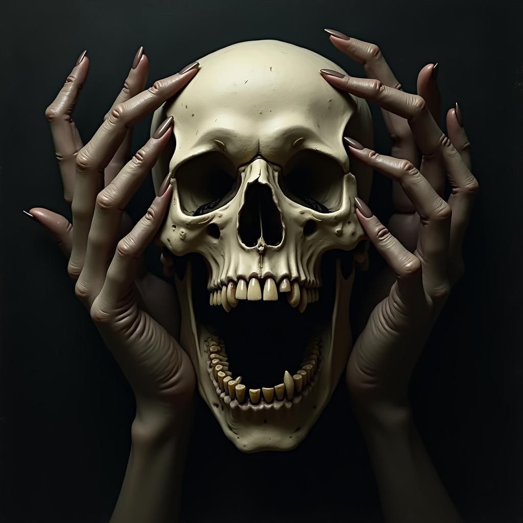 Surreal Skull Silenced by Dark, Gripping Hands in Haunting G...