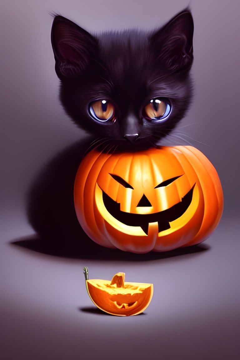 Whimsical Black Kitten Adorns Glowing Pumpkin