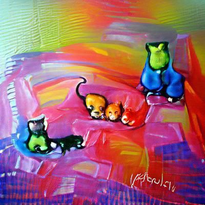 Feline Family Portrait in Whimsical Style
