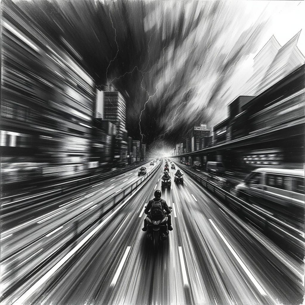 Highway Adrenaline in a Stormy Cyberpunk Landscape