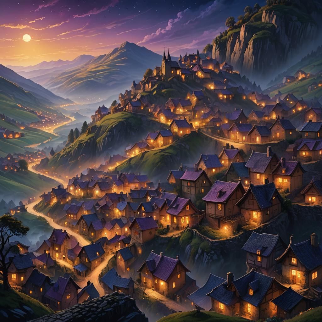 Vibrant Fantasy Village Under Golden Light