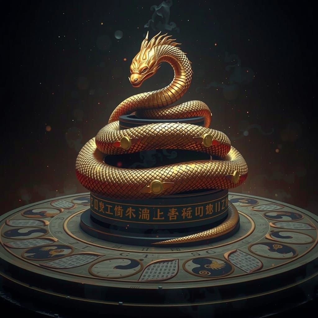 Mystical Golden Serpent Guards Ancient Chinese Calendar