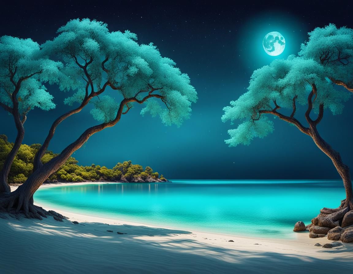 Turquoise Beachscape Illuminated by a Glowing Moon