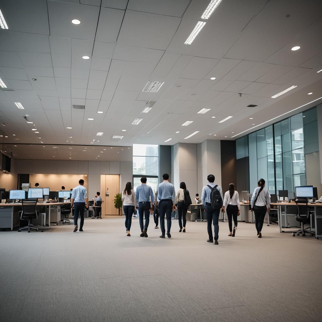 Employees Ready for Logout in Soft Office Lighting