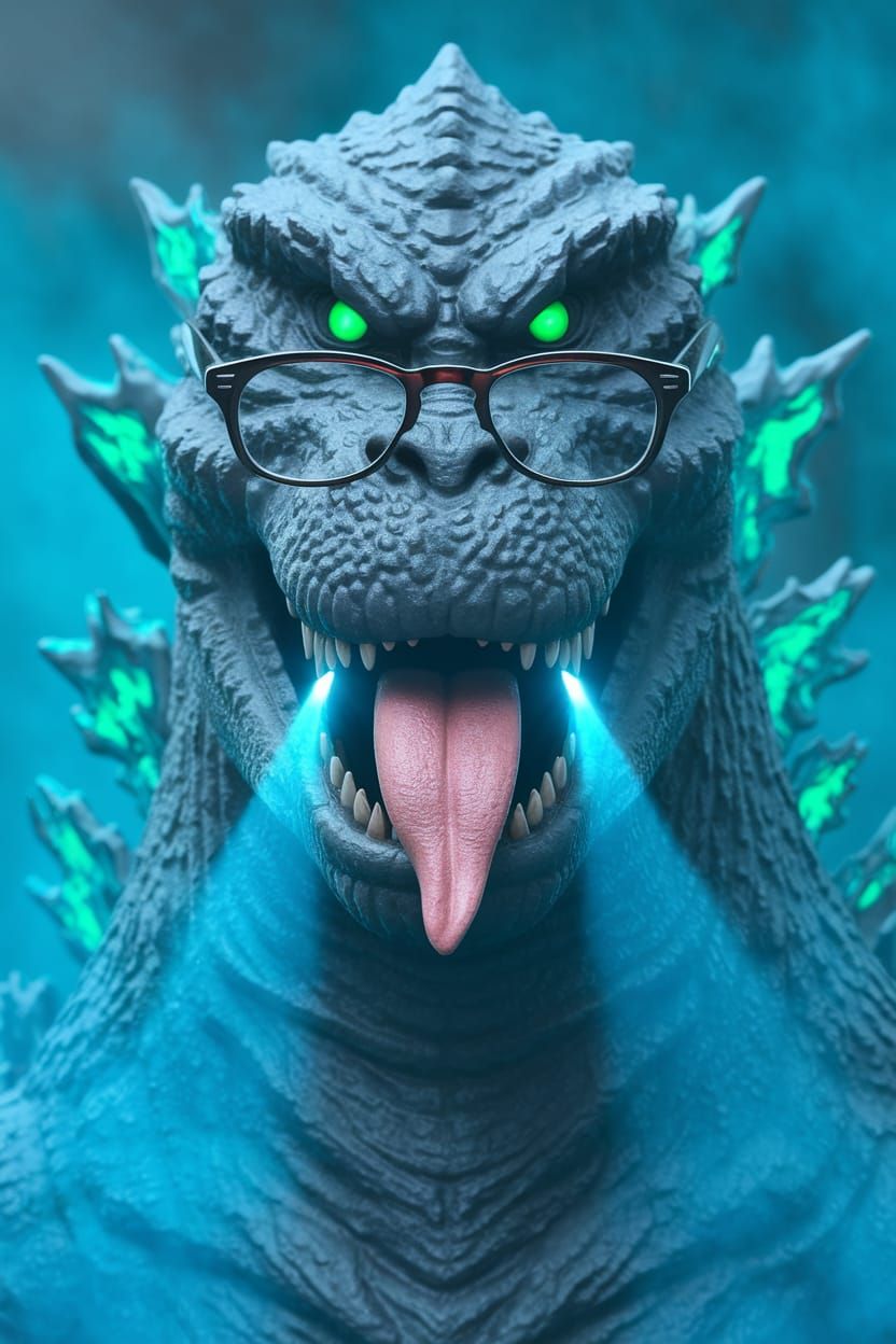 Godzilla with Glasses Sticking Out Tongue
