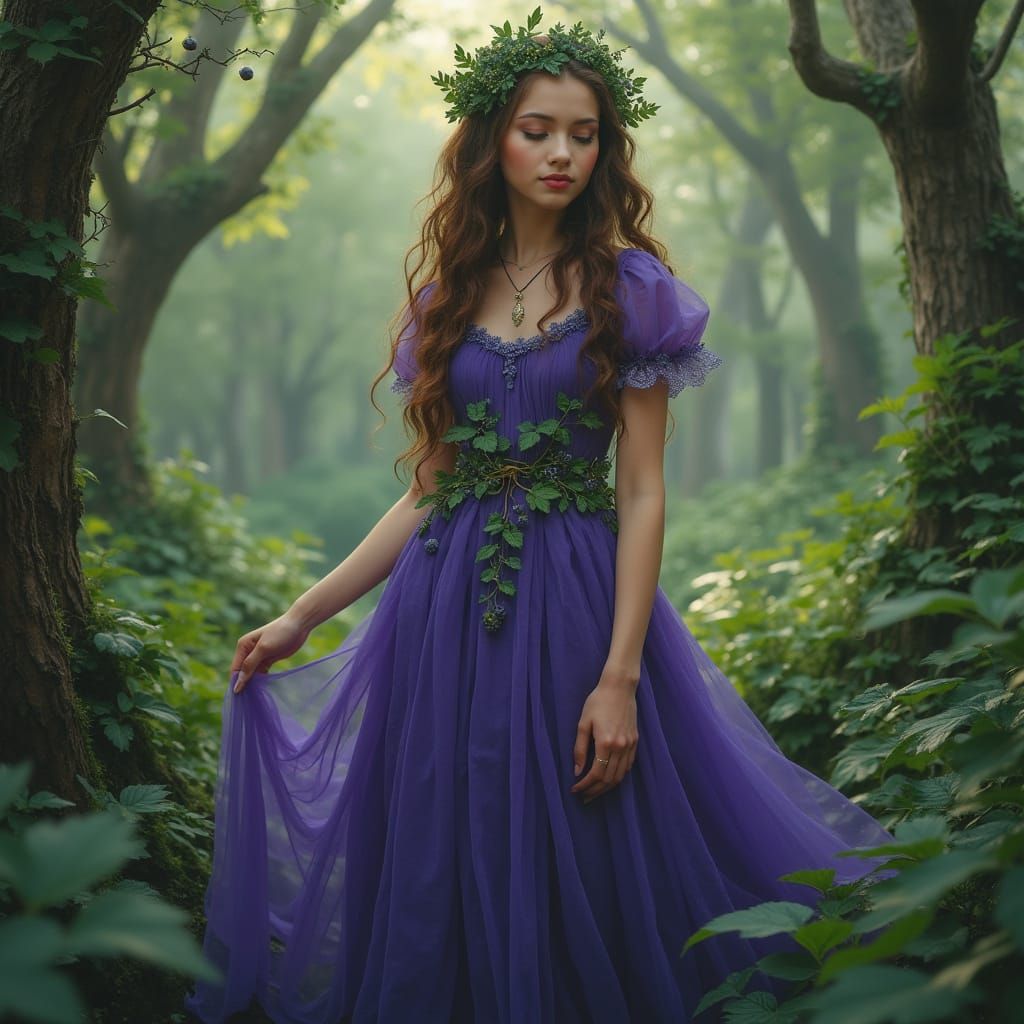 Blueberry Woman in Lush Forest, Art Nouveau Style