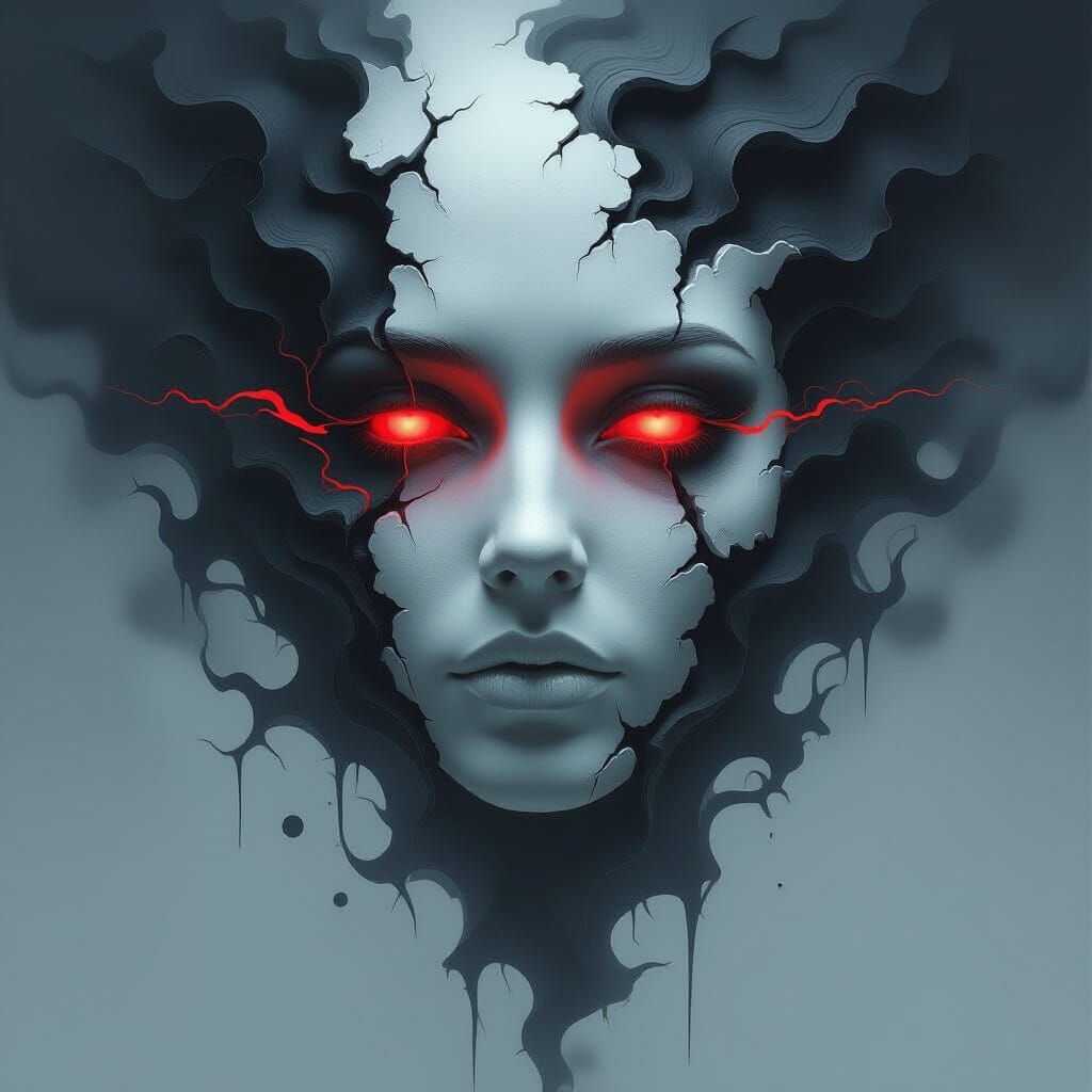 This surreal digital artwork features a fragmented human fac...