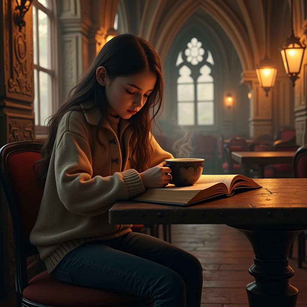 Girl in Cozy Library Cafe Dreams