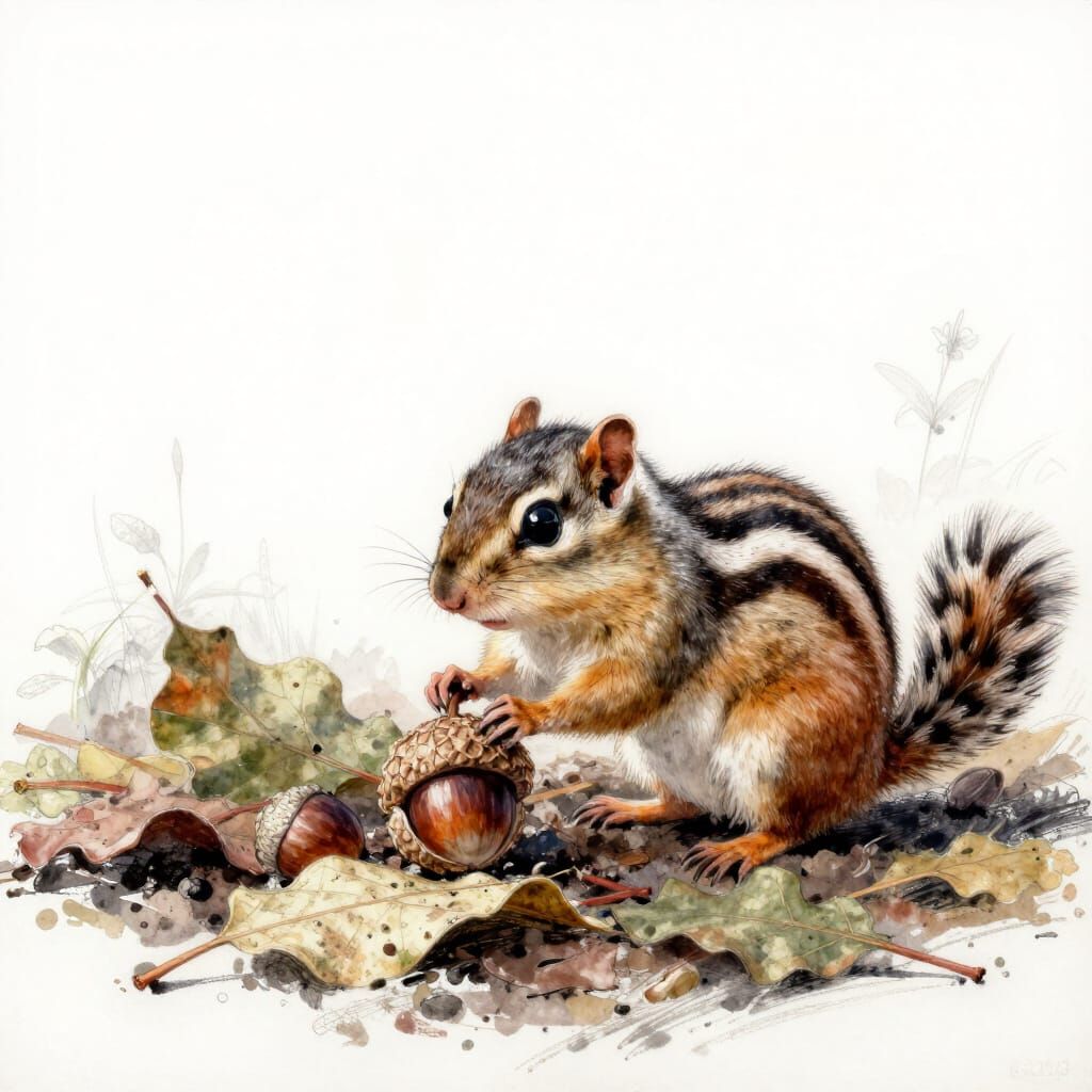 Chipmunk Finds Hidden Acorn in Watercolour Expressionism Sty...