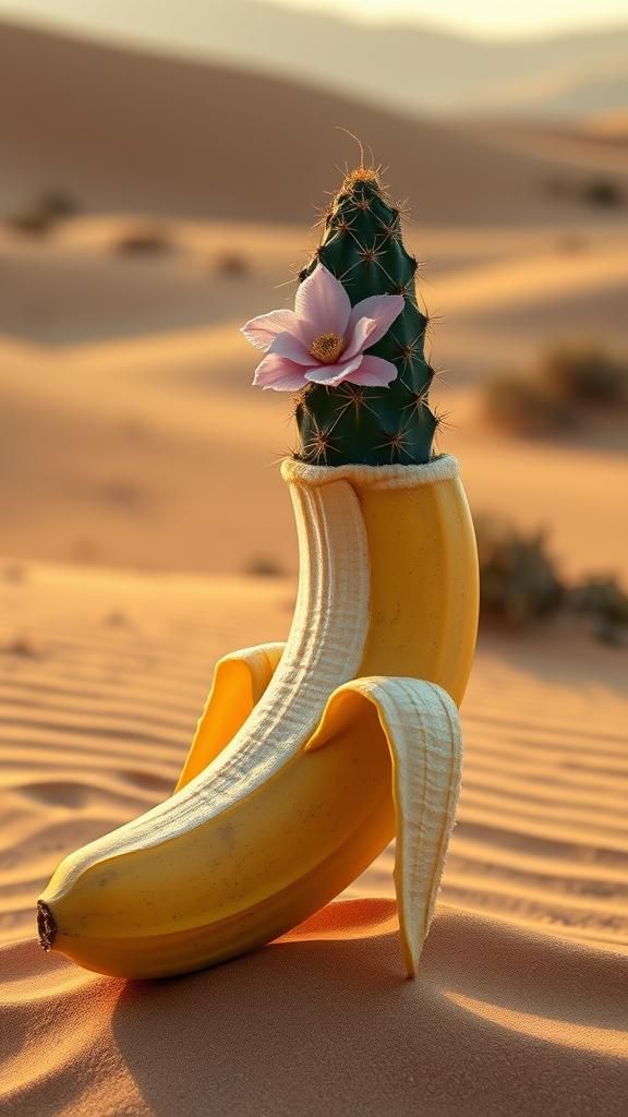 Hyperreal Banana Landscape with Cactus and Flower