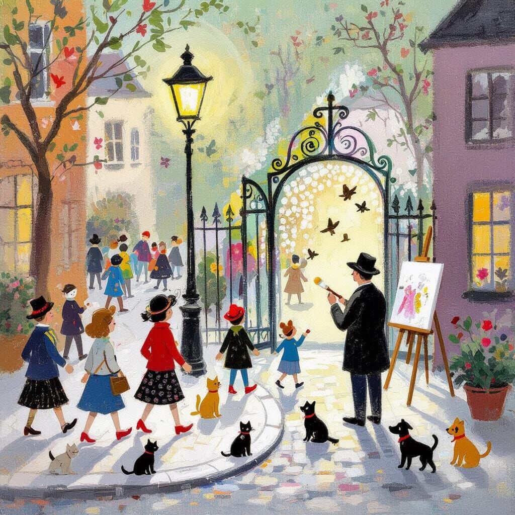 Folk Art Scene of Matchstick Figures and Artist