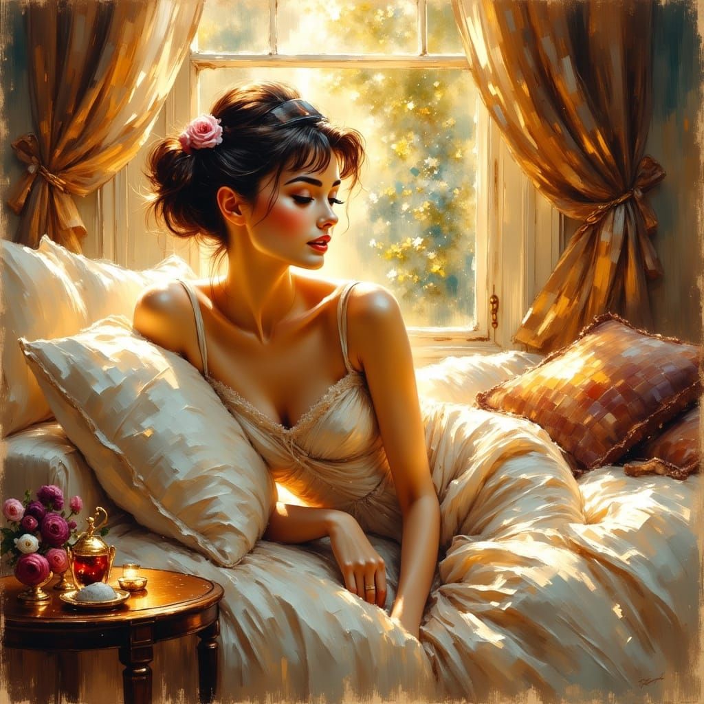 Serene Audrey Hepburn in Luxurious Slumber, Captured in Whim...