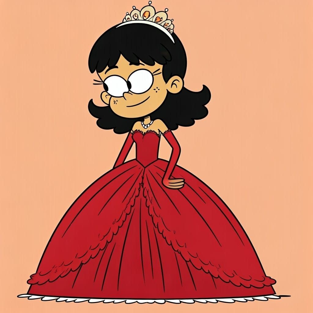 The Loud House cartoon style: Stella Zhau wearing a long red quinceanera dress.