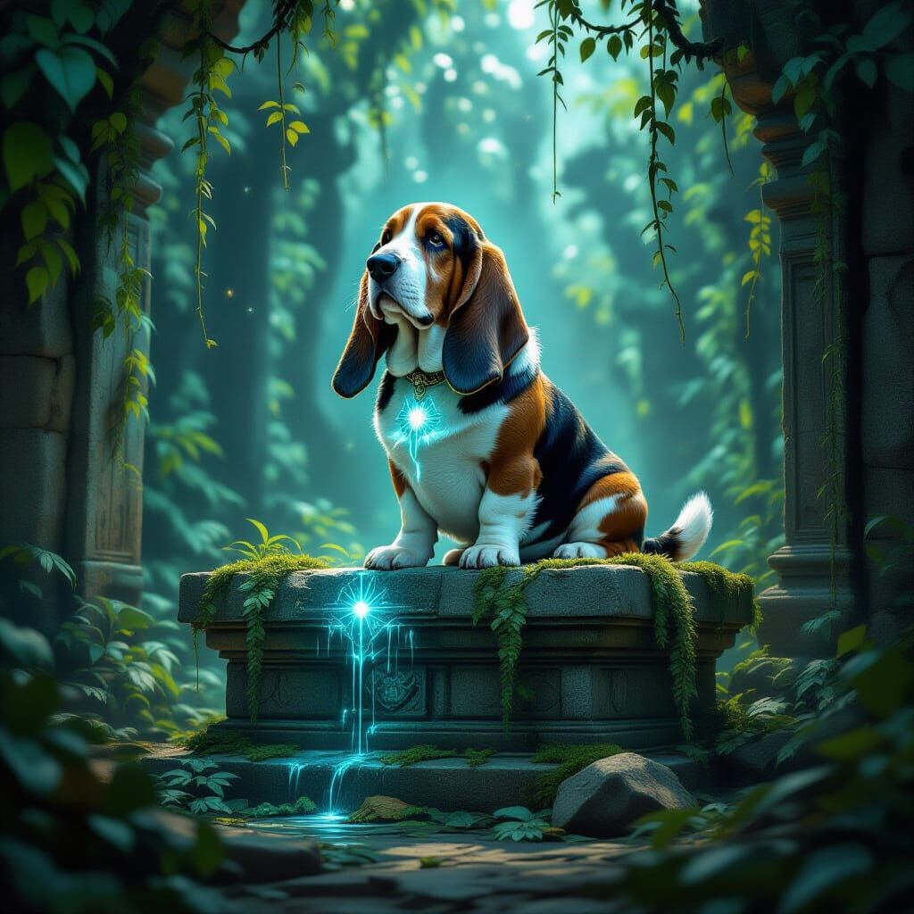 Basset Hound with Celestial Markings in Jungle Temple