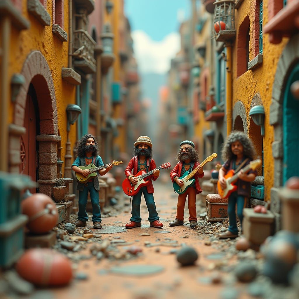 Vibrant Miniature World with Guitarists in Fibonacci Sequenc...