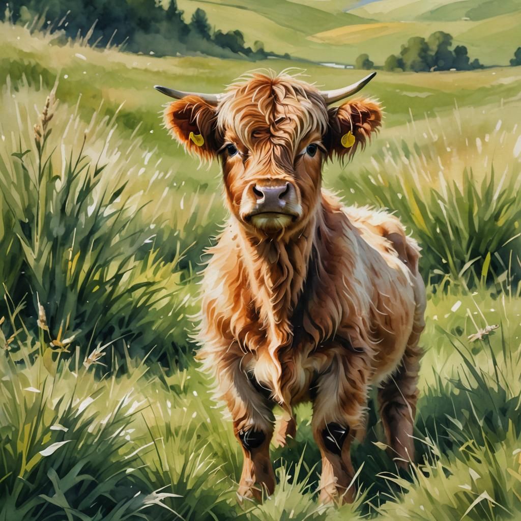 Vibrant Highland Calf in a Sun-Drenched Meadow