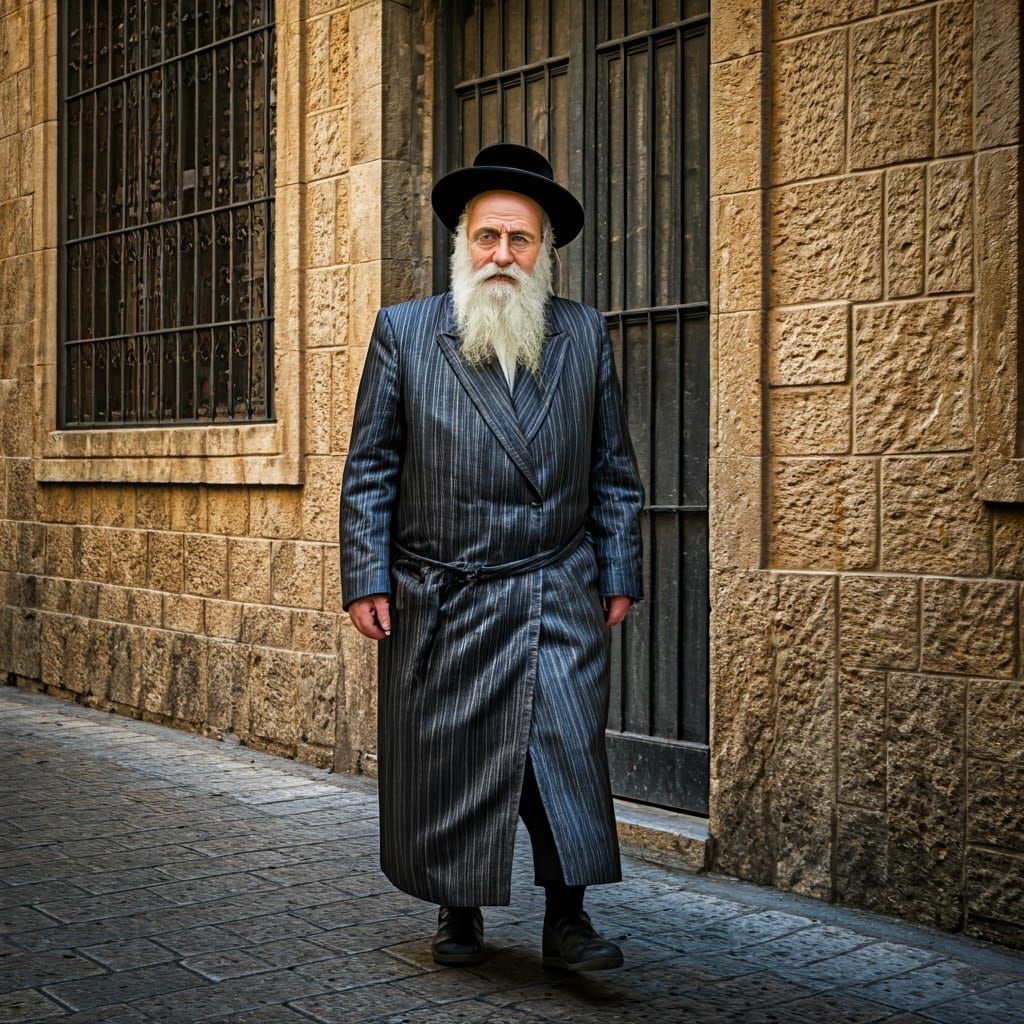 A Wise Elder in Traditional Attire Walks Near a Historic Bei...