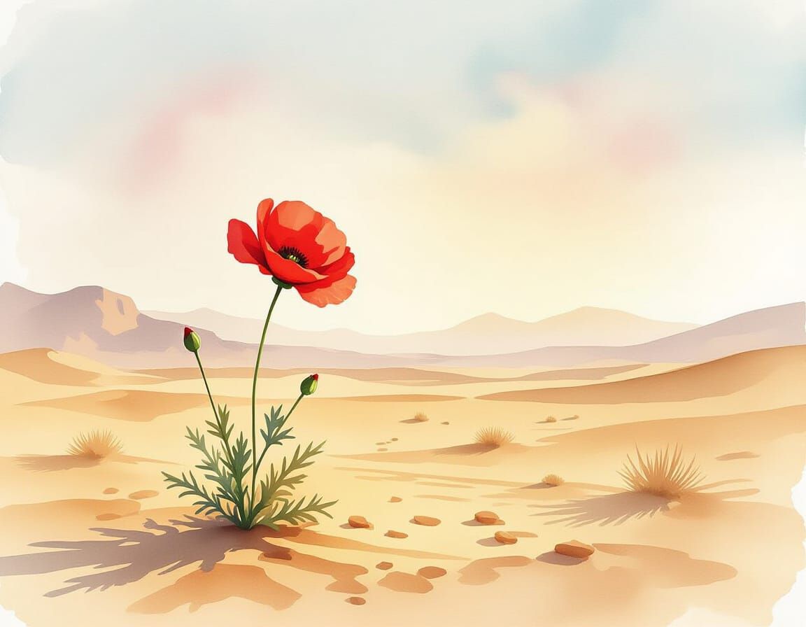 Red Flower Blooms in Barren Desert: Watercolor Painting