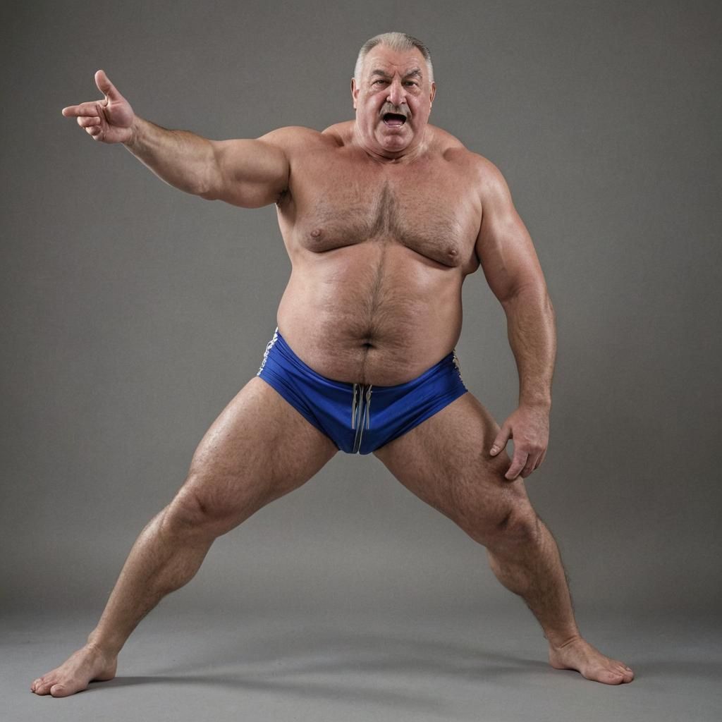 Muscled Finish Pappy Wrestler in Sapphire Blue Trunks