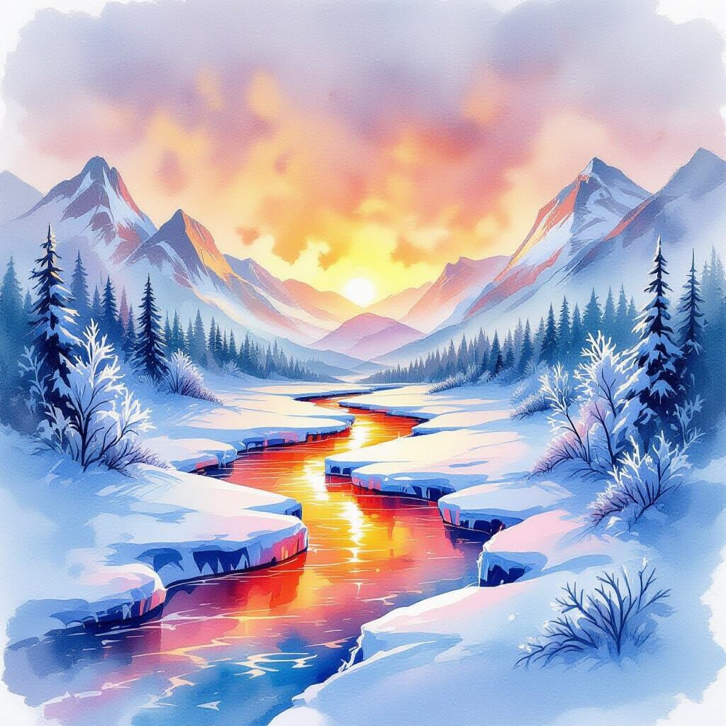 Lava Flows Through Frozen Mountains in Watercolor Style