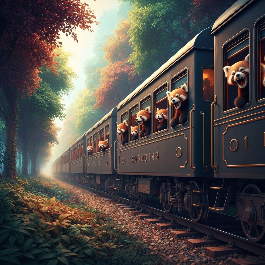Vintage Train Carries Red Pandas Through Lush Forest