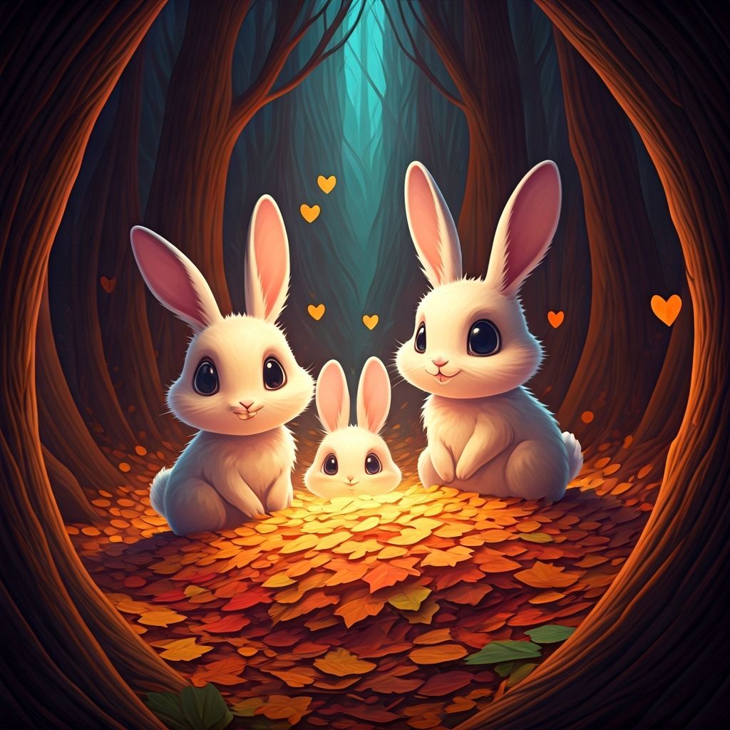 Joyful Chibi Rabbits in Autumn Forest with Nebula