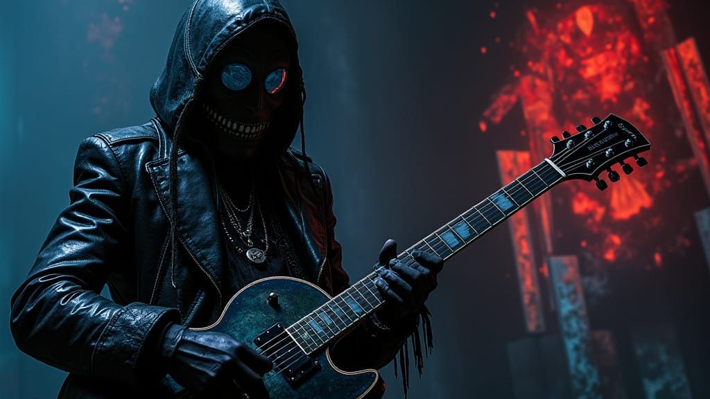 Rock Guitarist Album Cover in Dark Surrealist Style